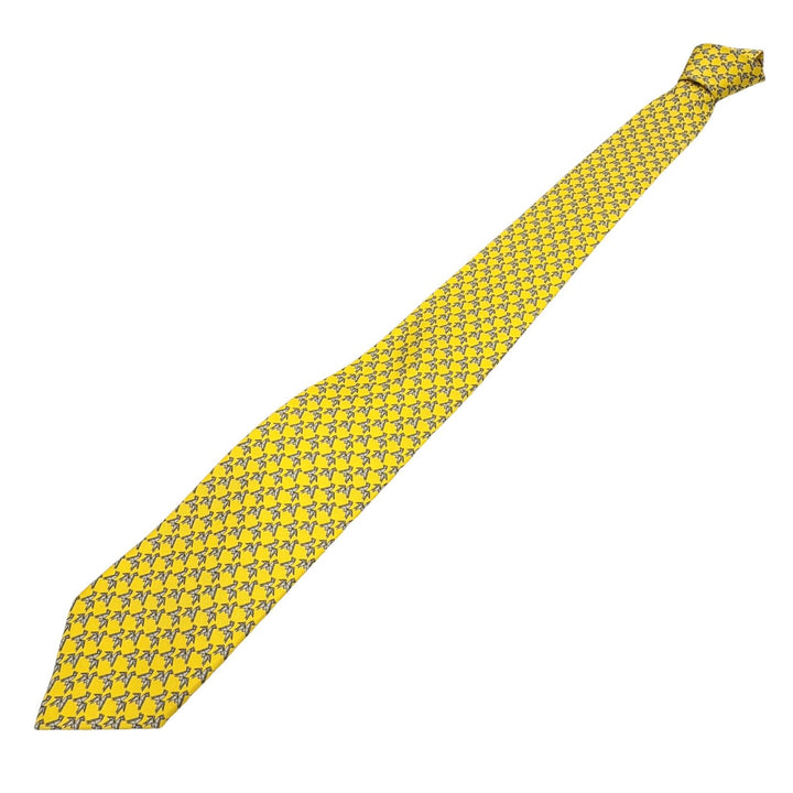 未使用品▼HERMES エルメス シルク100% JAUNE/GRIS CLAIR クラヴァット 折り紙 ホース 馬 ネクタイ フランス製 メンズ ビジネス◎