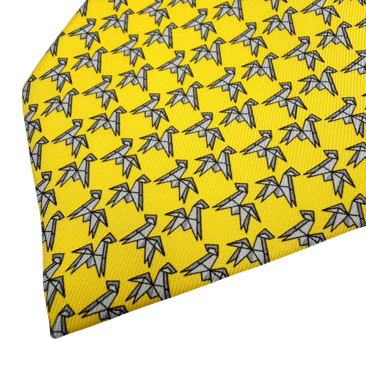 未使用品▼HERMES エルメス シルク100% JAUNE/GRIS CLAIR クラヴァット 折り紙 ホース 馬 ネクタイ フランス製 メンズ ビジネス◎