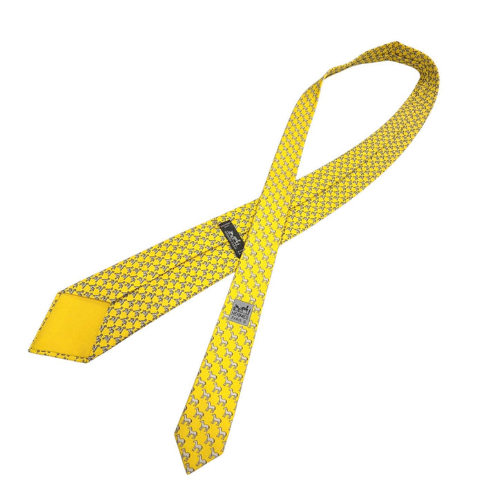 未使用品▼HERMES エルメス シルク100% JAUNE/GRIS CLAIR クラヴァット 折り紙 ホース 馬 ネクタイ フランス製 メンズ ビジネス◎