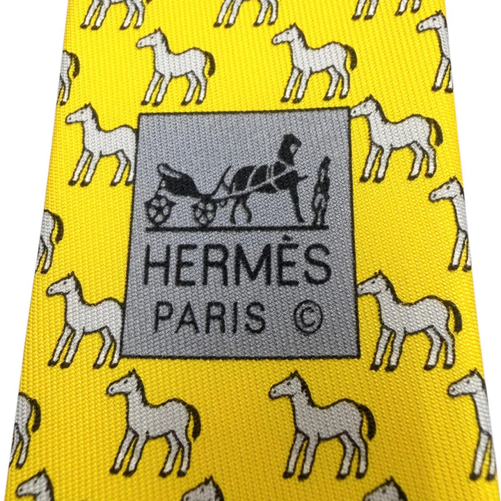未使用品▼HERMES エルメス シルク100% JAUNE/GRIS CLAIR クラヴァット 折り紙 ホース 馬 ネクタイ フランス製 メンズ ビジネス◎