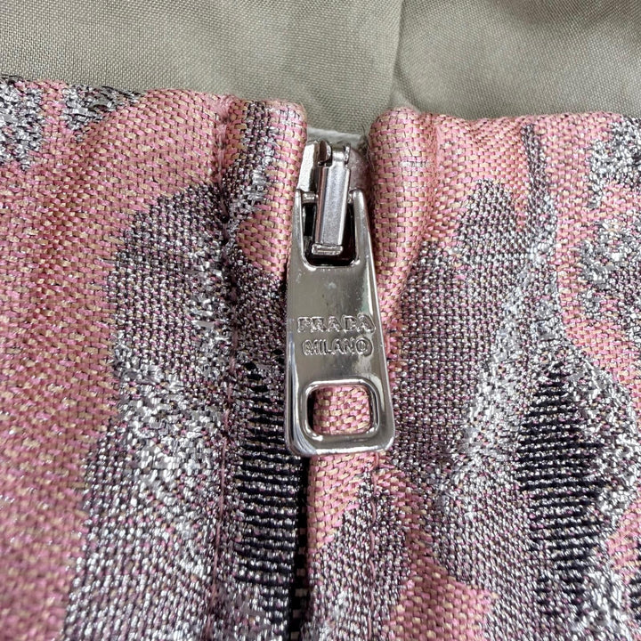 極美品☆PRADA プラダ P957E コットン ジャガード リボンデザイン ビスチェ トップス ピンク シルバー 42 イタリア製 正規品 レディース