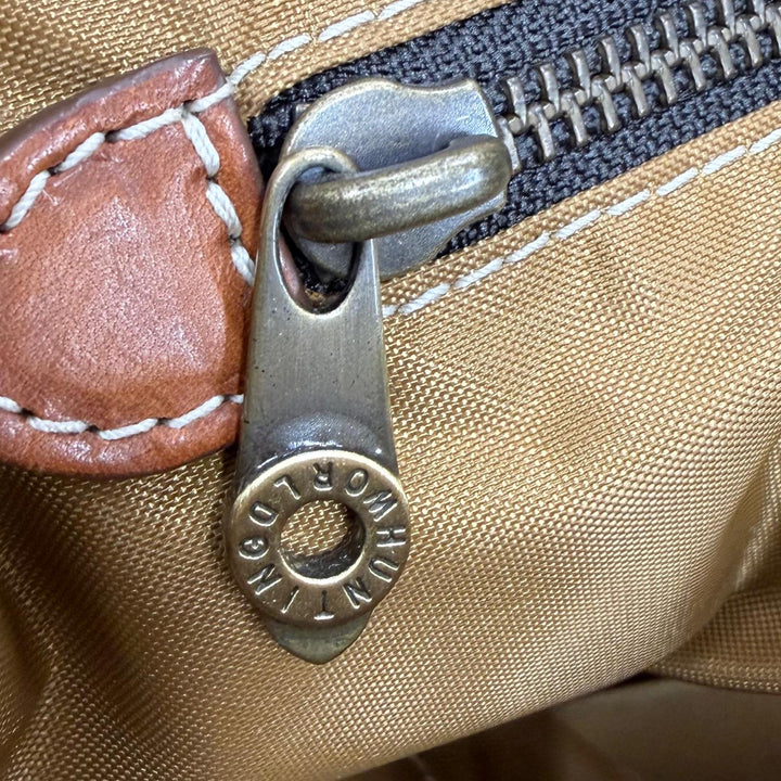 美品☆HUNTING WORLD ハンティングワールド レザー使い バチュークロス 2WAY ハンドバッグ ショルダーバッグ ネイビー ブラウン