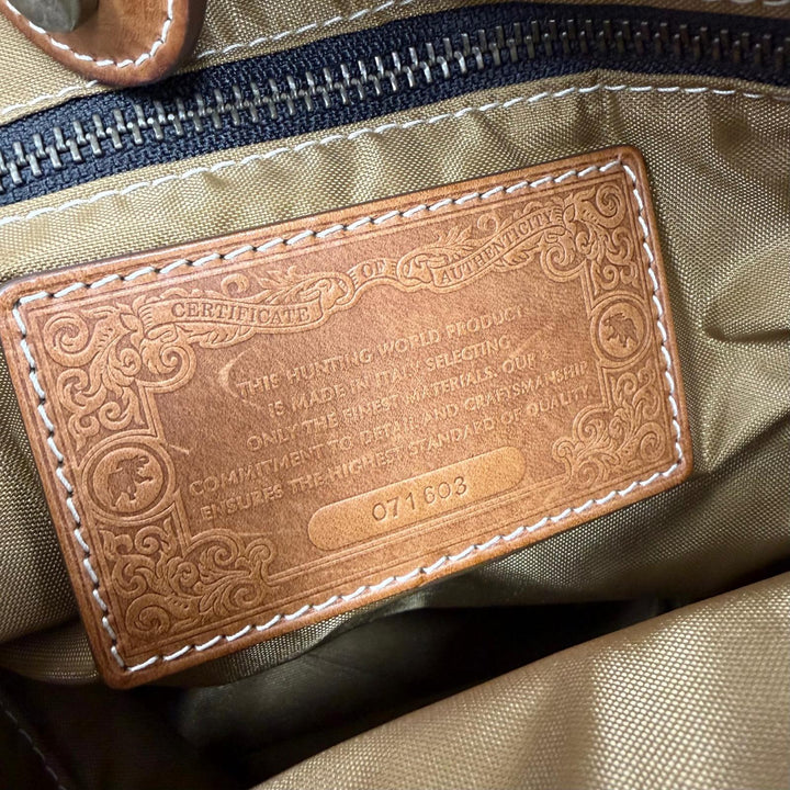 美品☆HUNTING WORLD ハンティングワールド レザー使い バチュークロス 2WAY ハンドバッグ ショルダーバッグ ネイビー ブラウン
