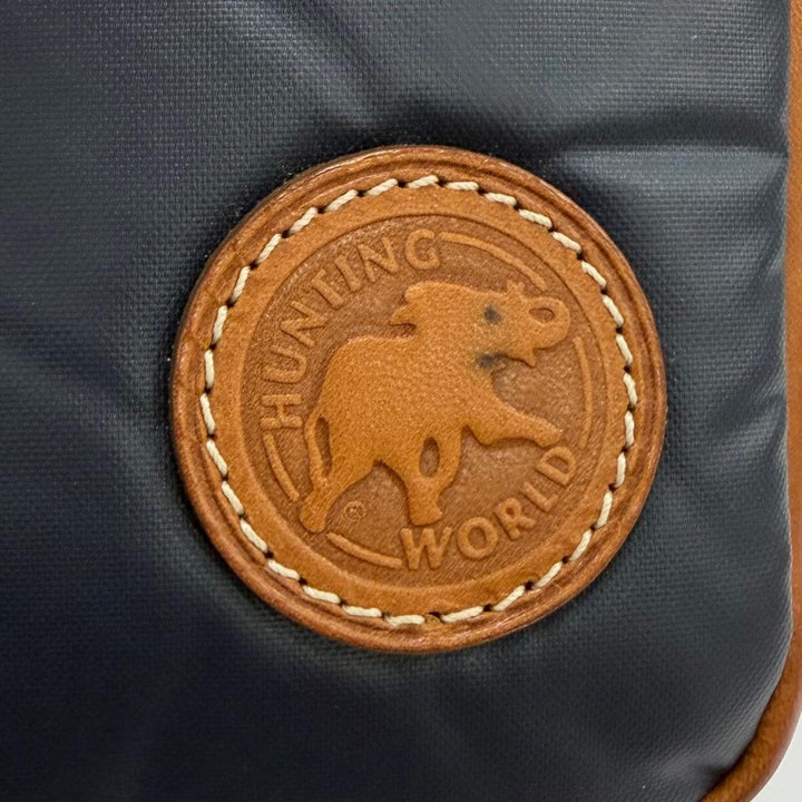 美品☆HUNTING WORLD ハンティングワールド レザー使い バチュークロス 2WAY ハンドバッグ ショルダーバッグ ネイビー ブラウン