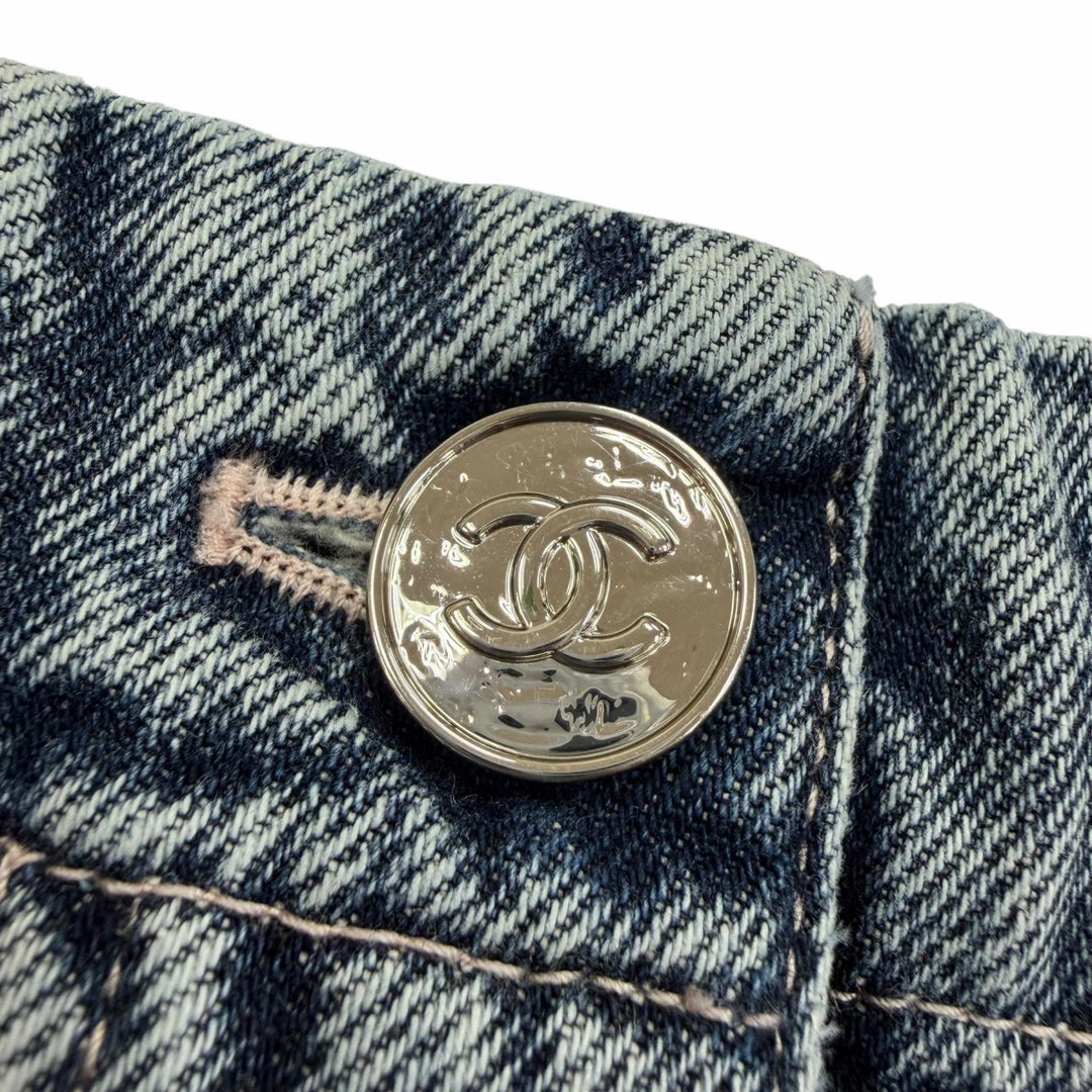極美品☆CHANEL シャネル P80387V72625 コットン ココマーク カメリアプリント ウォッシュド ワイド デニムパンツ 36 イタリア製 正規品