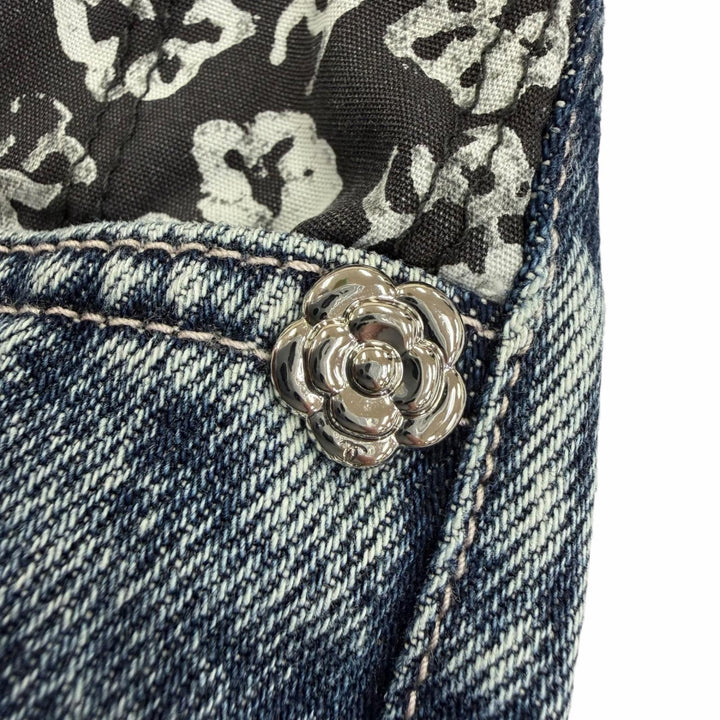 極美品☆CHANEL シャネル P80387V72625 コットン ココマーク カメリアプリント ウォッシュド ワイド デニムパンツ 36 イタリア製 正規品
