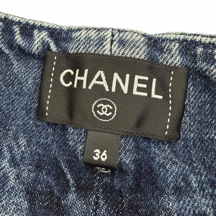極美品☆CHANEL シャネル P80387V72625 コットン ココマーク カメリアプリント ウォッシュド ワイド デニムパンツ 36 イタリア製 正規品
