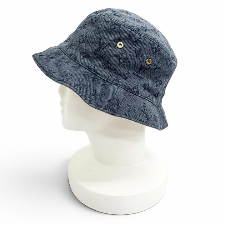 美品△LOUIS VUITTON ルイヴィトン MP2441 シャポー モノグラムデニム リバーシブル バケットハット 帽子 インディゴブルー L 正規品