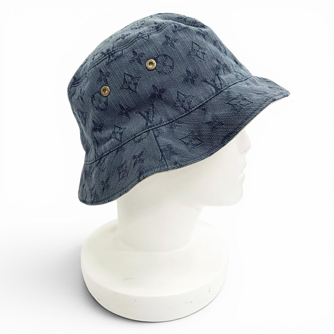 美品△LOUIS VUITTON ルイヴィトン MP2441 シャポー モノグラムデニム リバーシブル バケットハット 帽子 インディゴブルー L 正規品