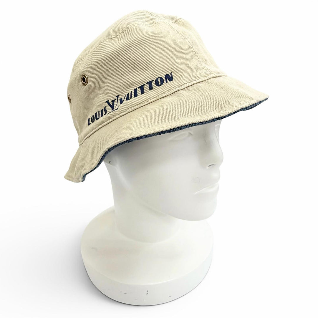 美品△LOUIS VUITTON ルイヴィトン MP2441 シャポー モノグラムデニム リバーシブル バケットハット 帽子 インディゴブルー L 正規品