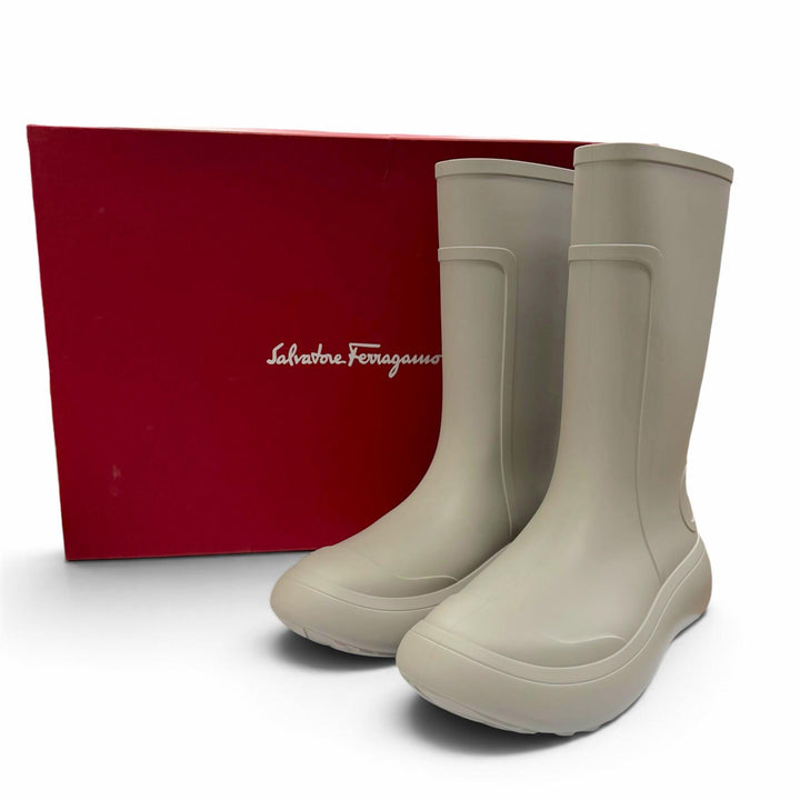 極美品▼Salvatore Ferragamo サルヴァトーレフェラガモ ラバー エンボスガンチーニ レインブーツ グレー 8 イタリア製 メンズ