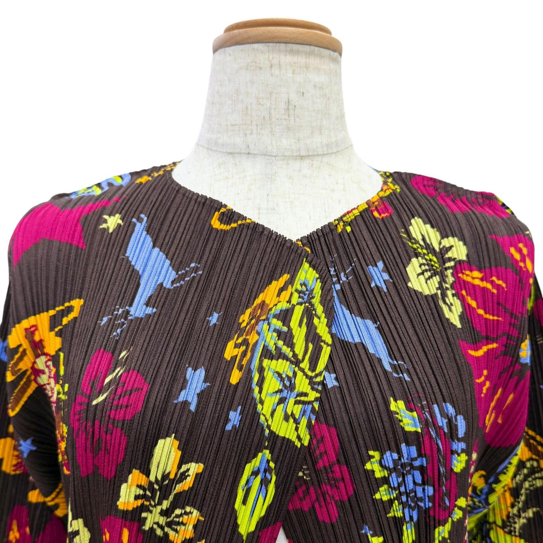 極美品△PLEATS PLEASE プリーツプリーズ イッセイミヤケ PP33-JO775 ハイビスカス ボタンレス フリンジ 長袖 カーディガン 3 正規品