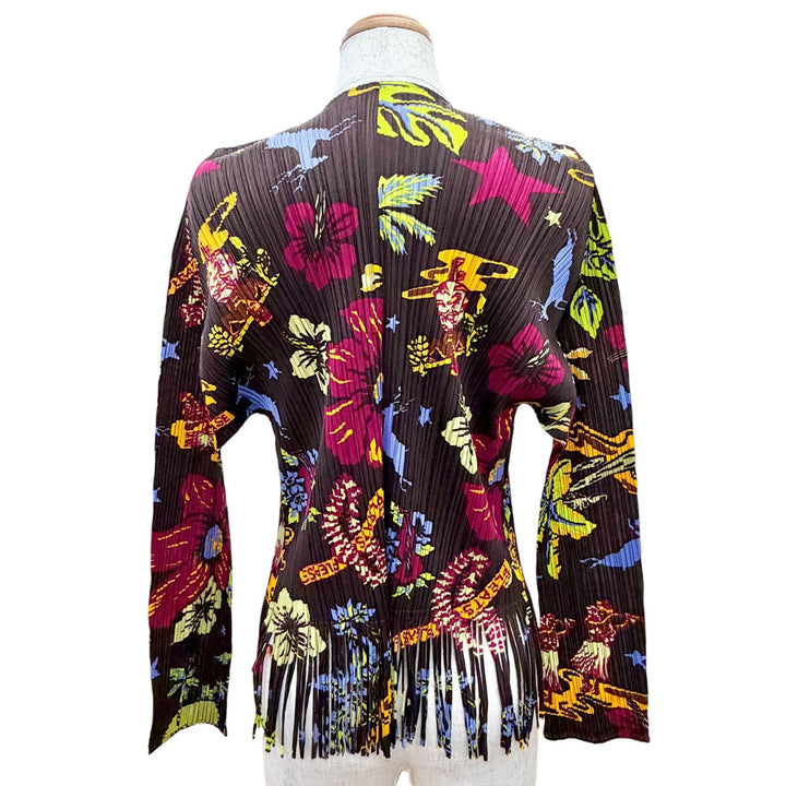 極美品△PLEATS PLEASE プリーツプリーズ イッセイミヤケ PP33-JO775 ハイビスカス ボタンレス フリンジ 長袖 カーディガン 3 正規品