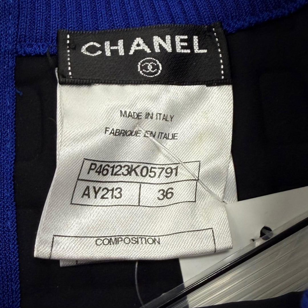 美品★CHANEL シャネル P46123 P46122 パールココマークボタン ロゴパーツ セットアップ ブルー 36 トップス：36 スカート：40 伊製