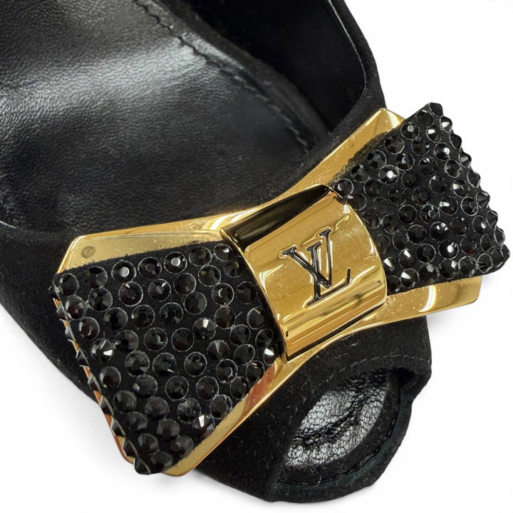 美品☆LOUIS VUITTON ルイヴィトン LV金具リボン ラインストーン スウェードレザー パンプス ブラック 35.5 イタリア製 箱・保存袋付き
