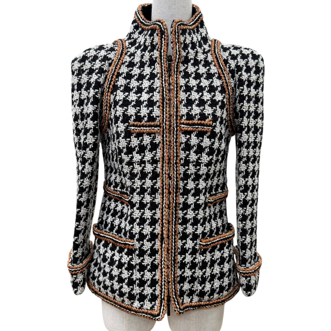 極美品☆CHANEL シャネル 17K P57498 千鳥格子 ココボタン ZIP ツイードジャケット スタンドカラージャケット ブラック 34 正規品