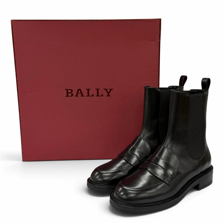 極美品★BALLY バリー ロゴ刻印 サイドゴア レザー ショートブーツ ブラック 37 イタリア製 レディース 箱付き