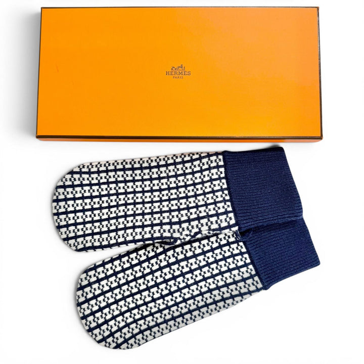 極美品△HERMES エルメス ホープ ミトン カシミヤ100％ H総柄 ジャカード ニット グローブ 手袋 ネイビー ホワイト M イタリア製 箱付き
