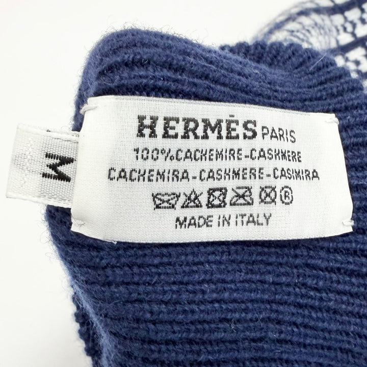 極美品△HERMES エルメス ホープ ミトン カシミヤ100％ H総柄 ジャカード ニット グローブ 手袋 ネイビー ホワイト M イタリア製 箱付き