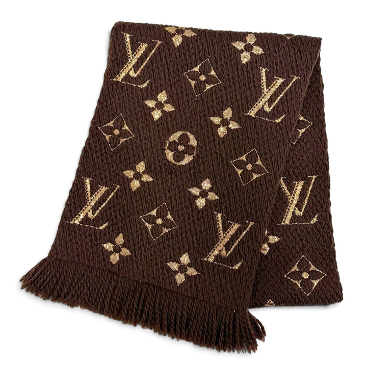 美品△LOUIS VUITTON ルイヴィトン M71383 エシャルプ ロゴマニア シャイン ウール シルク マロン モノグラム フリンジ マフラー 正規品