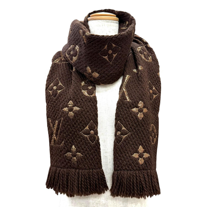 美品△LOUIS VUITTON ルイヴィトン M71383 エシャルプ ロゴマニア シャイン ウール シルク マロン モノグラム フリンジ マフラー 正規品