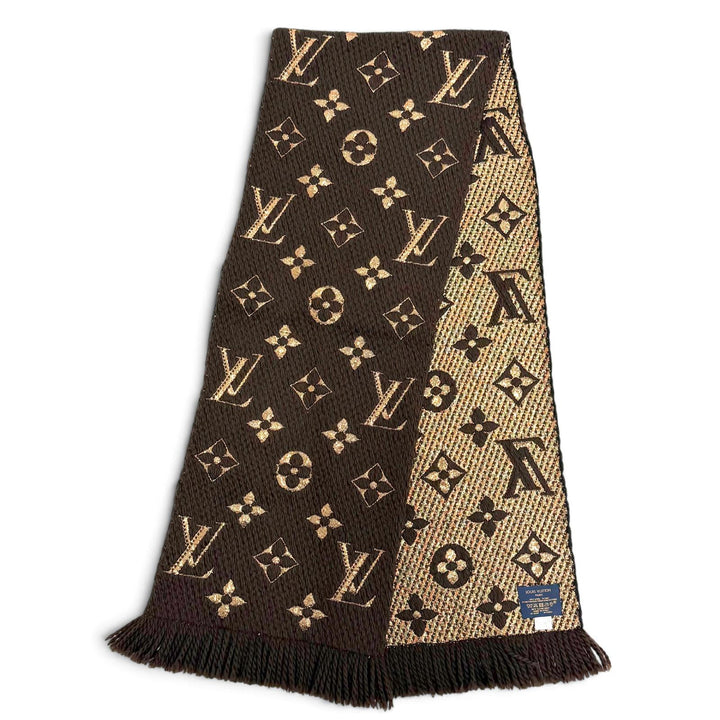 美品△LOUIS VUITTON ルイヴィトン M71383 エシャルプ ロゴマニア シャイン ウール シルク マロン モノグラム フリンジ マフラー 正規品