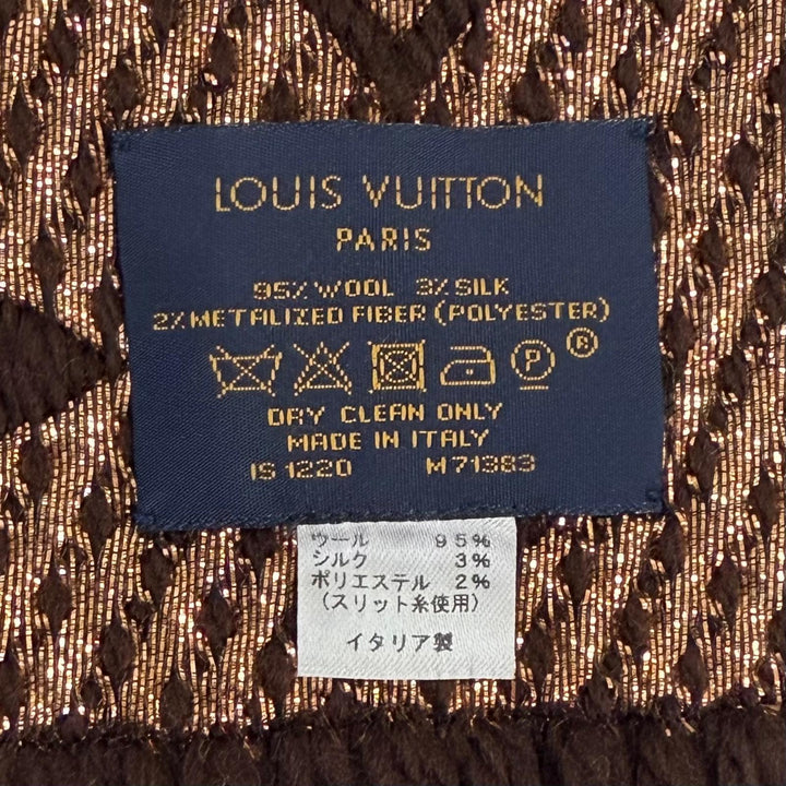 美品△LOUIS VUITTON ルイヴィトン M71383 エシャルプ ロゴマニア シャイン ウール シルク マロン モノグラム フリンジ マフラー 正規品