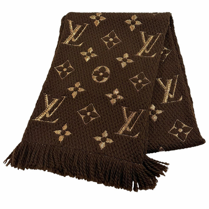 美品★LOUIS VUITTON ルイヴィトン M71383 エシャルプ ロゴマニア シャイン ウール シルク混 マロン フリンジ マフラー 正規品