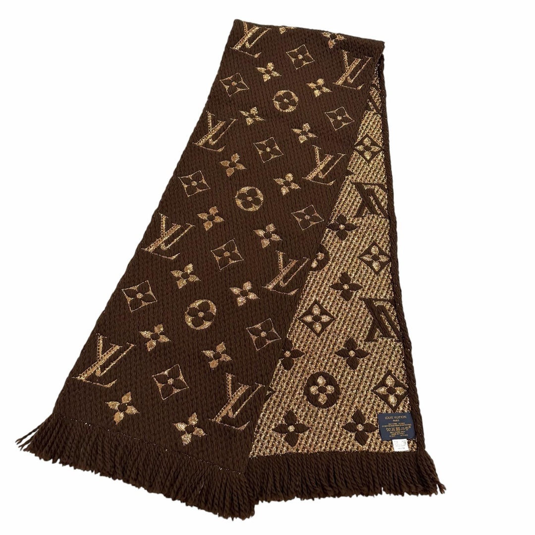 美品★LOUIS VUITTON ルイヴィトン M71383 エシャルプ ロゴマニア シャイン ウール シルク混 マロン フリンジ マフラー 正規品