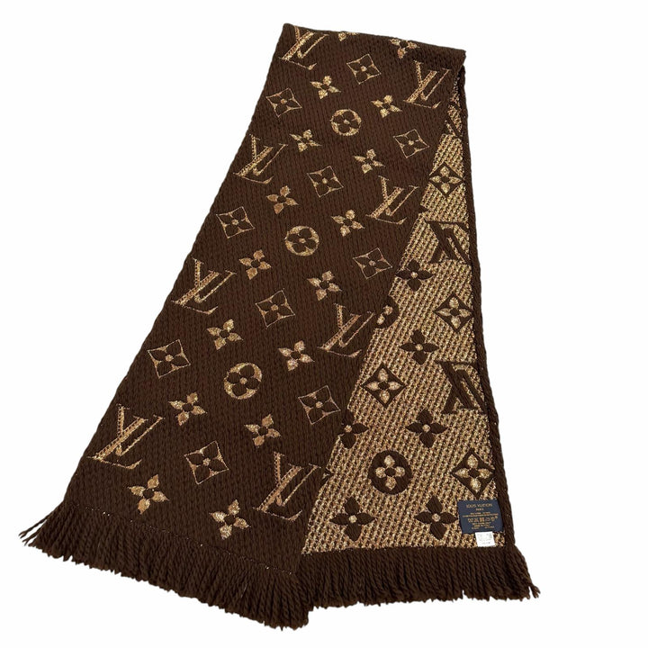 美品★LOUIS VUITTON ルイヴィトン M71383 エシャルプ ロゴマニア シャイン ウール シルク混 マロン フリンジ マフラー 正規品