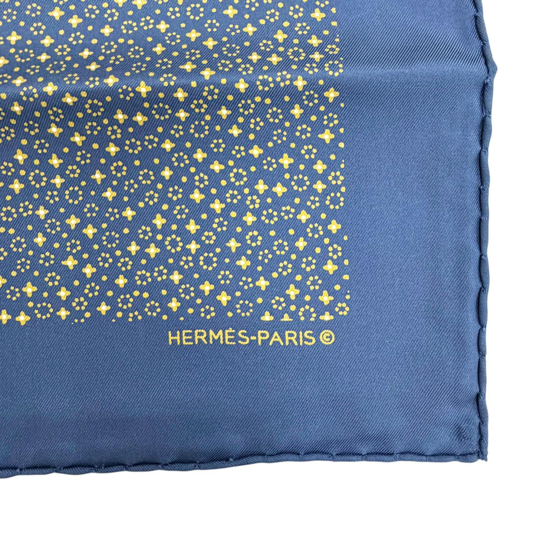 極美品△HERMES エルメス シルク100％ プチカレ カレ45 ガヴロッシュ 総柄 スカーフ ネイビー イエロー フランス製 レディース オススメ