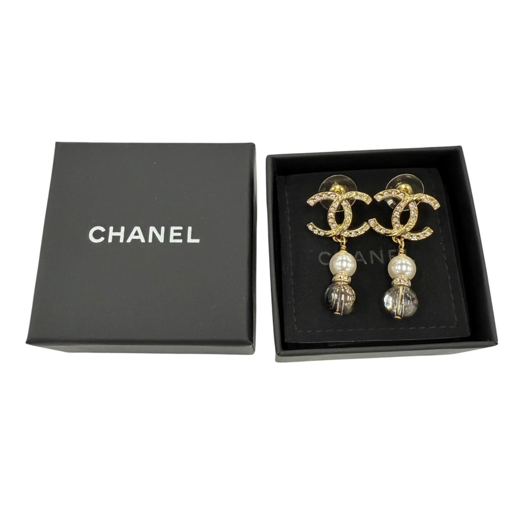 極美品☆CHANEL シャネル A23C ココマーク ラインストーン パールストーン スウィング ピアス ゴールド フランス製 箱・保存袋付き