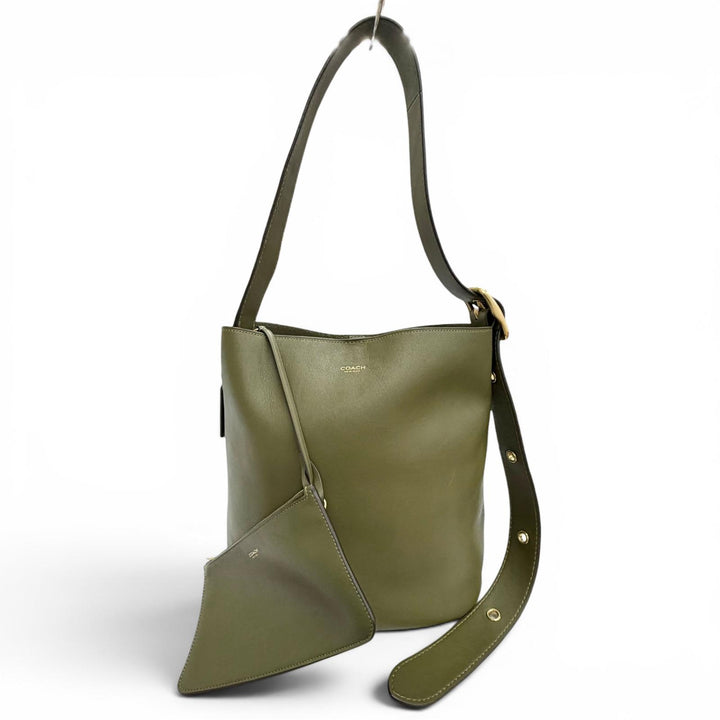 極美品△COACH コーチ CCC23 ブリーカー バケットバッグ ポーチ付き ナチュラル グレインレザー ショルダーバッグ カーキ 定価88000円