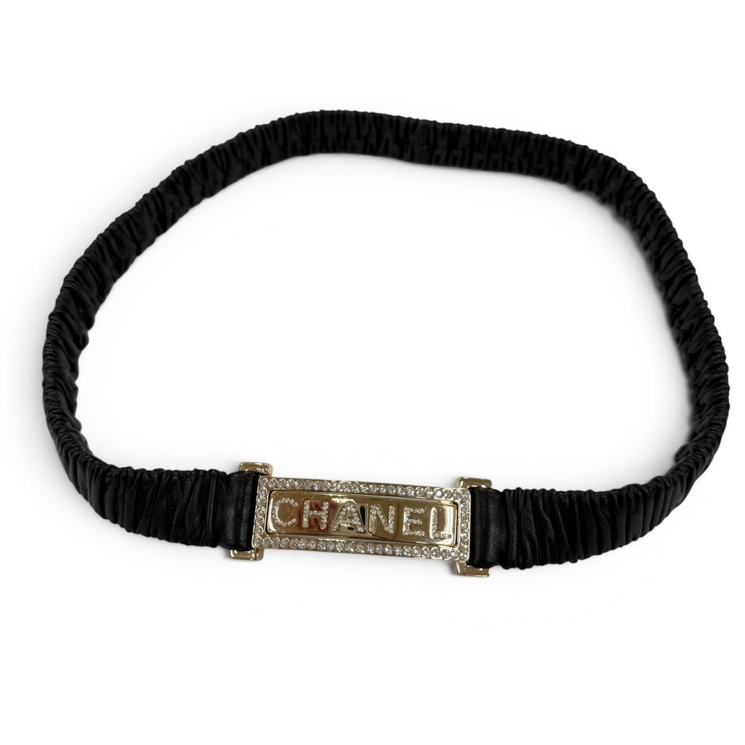 良品☆CHANEL シャネル B23C ロゴバックル ラインストーン レザー ベルト ブラック ゴールド金具 75/30 イタリア製 レディース