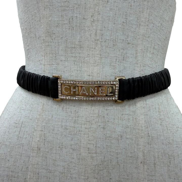 良品☆CHANEL シャネル B23C ロゴバックル ラインストーン レザー ベルト ブラック ゴールド金具 75/30 イタリア製 レディース