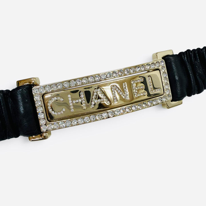 良品☆CHANEL シャネル B23C ロゴバックル ラインストーン レザー ベルト ブラック ゴールド金具 75/30 イタリア製 レディース
