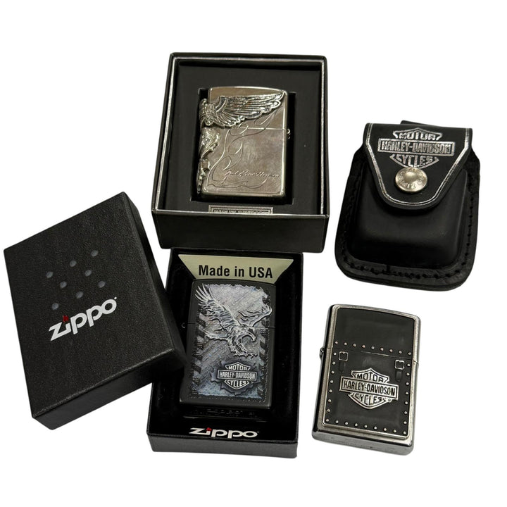 良品▼ZIPPO HARLEY DAVIDSON ジッポ ハーレーダビッドソン オイルライター 3点セット シルバー ブラック USA製 メンズ 箱付き