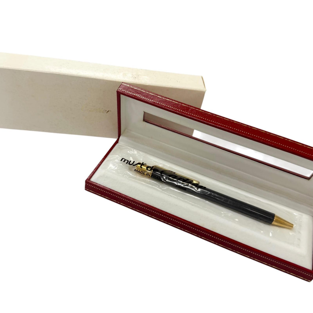 未使用品□Cartier カルティエ マスト ドゥ カルティエ ツイスト式 ボールペン ブラック ゴールド フランス製 メンズ 筆記確認済み