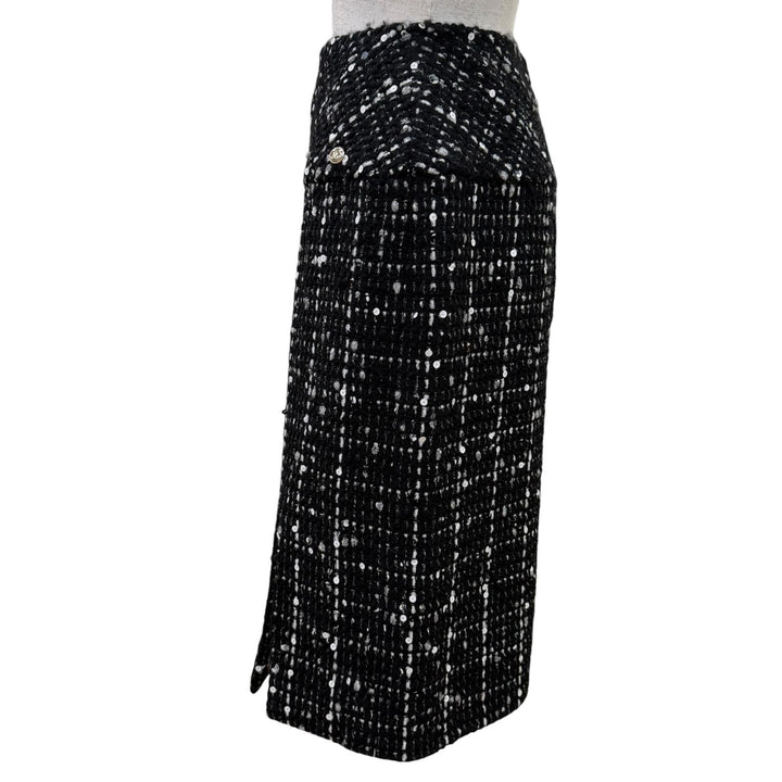 極美品☆CHANEL シャネル P65335V45411 ウール ココマーク スパンコール装飾 ツイード タイトスカート ブラック 38 フランス製 正規品