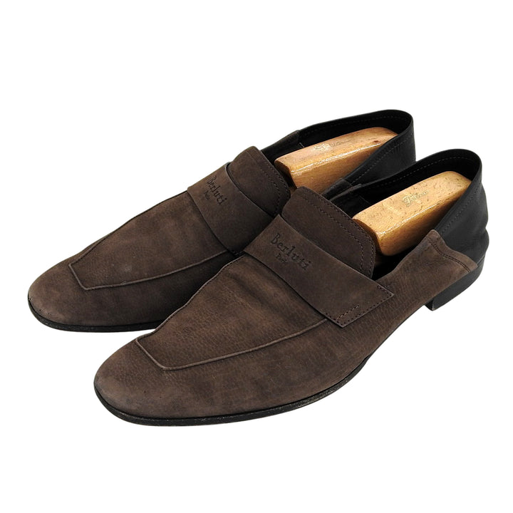【ドンドン見直し】良品▲BERLUTI ベルルッティ ヌバック Leather ロゴ刻印 2WAY レザー ローファー ブラウン 9 メンズ 保存袋付き