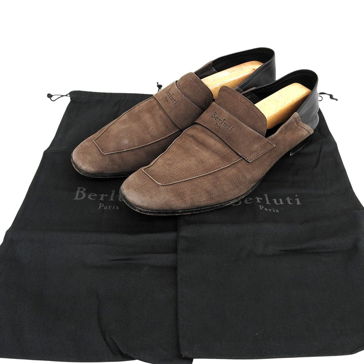 【ドンドン見直し】良品▲BERLUTI ベルルッティ ヌバック Leather ロゴ刻印 2WAY レザー ローファー ブラウン 9 メンズ 保存袋付き