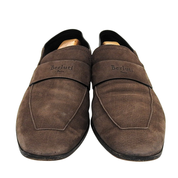 【ドンドン見直し】良品▲BERLUTI ベルルッティ ヌバック Leather ロゴ刻印 2WAY レザー ローファー ブラウン 9 メンズ 保存袋付き
