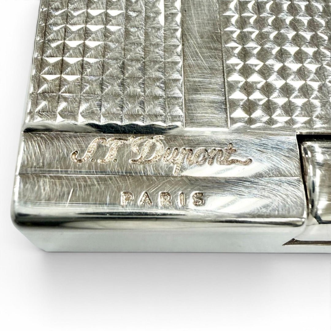 外装美品◇Dupont デュポン ギャッツビー スクエア ダイヤモンドヘッド ボーダー ロゴ刻印入り ガスライター シルバー 仏製 着火不可