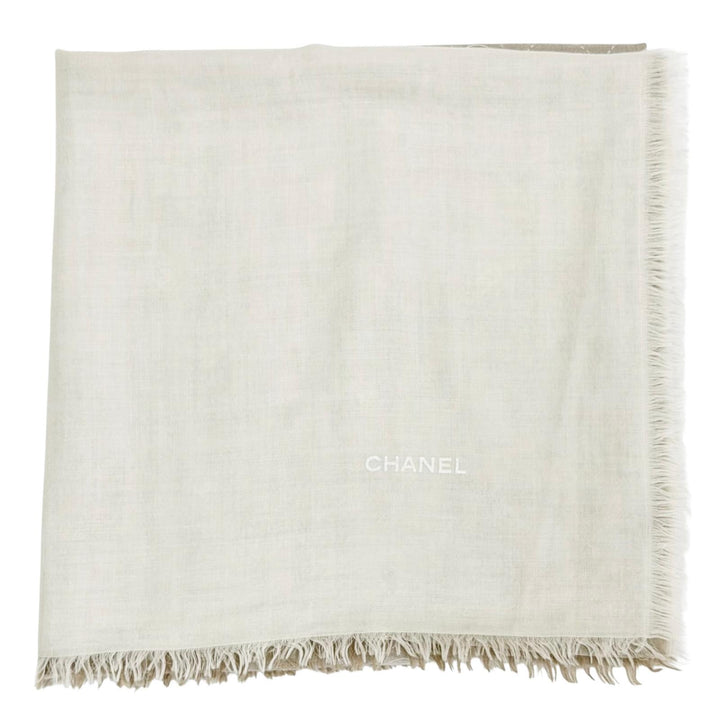 美品△CHANEL シャネル 19P カシミヤ シルク ココマーク ロゴ マトラッセ柄 ミニフリンジ ショール ストール ベージュ系 アイボリー 伊製