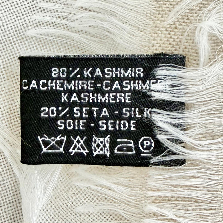 美品△CHANEL シャネル 19P カシミヤ シルク ココマーク ロゴ マトラッセ柄 ミニフリンジ ショール ストール ベージュ系 アイボリー 伊製