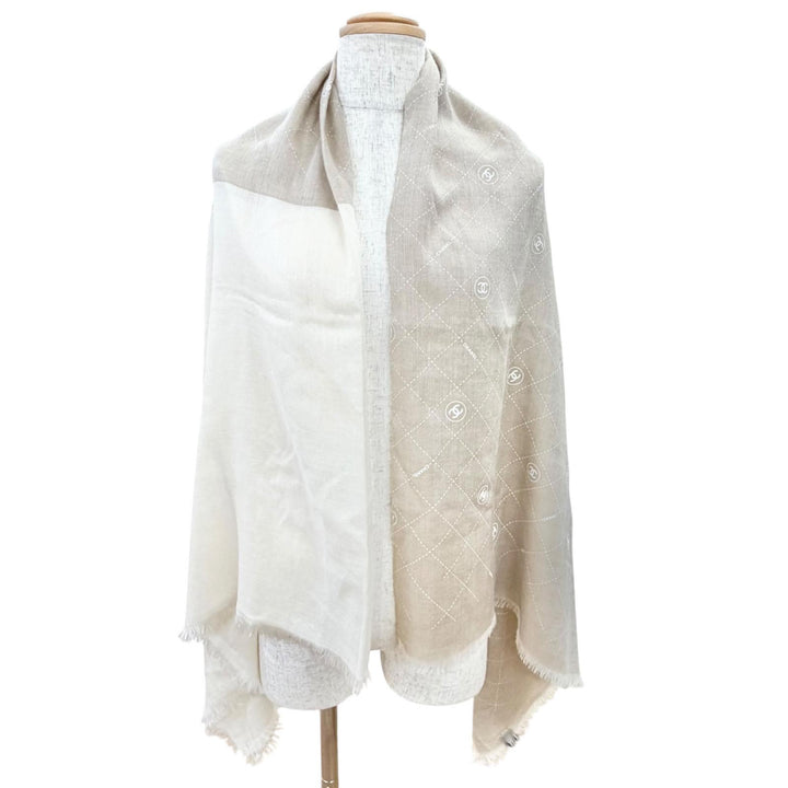 美品△CHANEL シャネル 19P カシミヤ シルク ココマーク ロゴ マトラッセ柄 ミニフリンジ ショール ストール ベージュ系 アイボリー 伊製