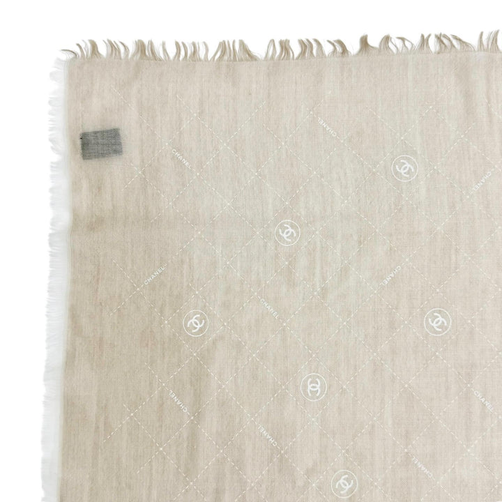 美品△CHANEL シャネル 19P カシミヤ シルク ココマーク ロゴ マトラッセ柄 ミニフリンジ ショール ストール ベージュ系 アイボリー 伊製