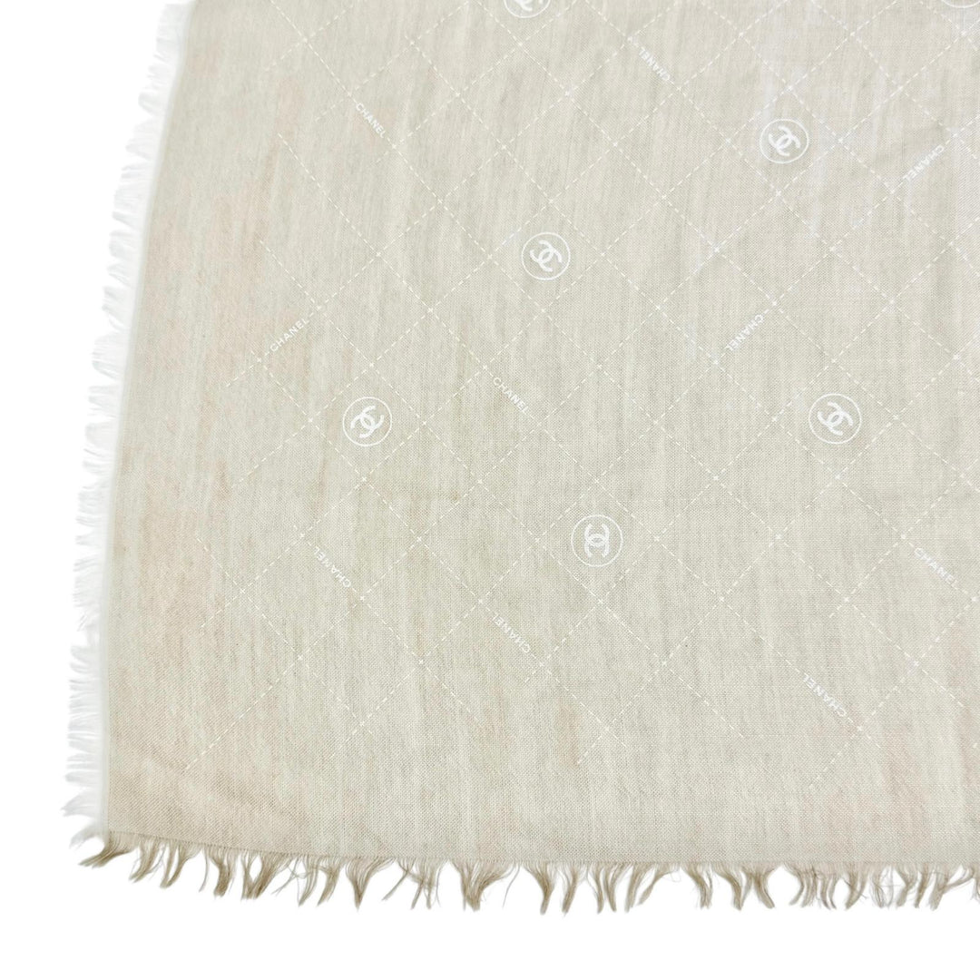 美品△CHANEL シャネル 19P カシミヤ シルク ココマーク ロゴ マトラッセ柄 ミニフリンジ ショール ストール ベージュ系 アイボリー 伊製