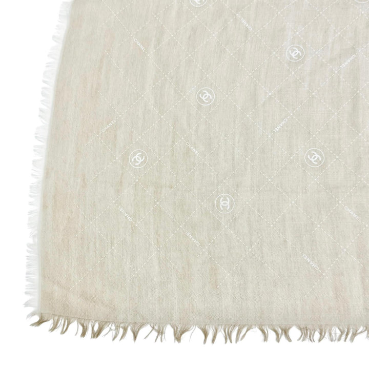 美品△CHANEL シャネル 19P カシミヤ シルク ココマーク ロゴ マトラッセ柄 ミニフリンジ ショール ストール ベージュ系 アイボリー 伊製