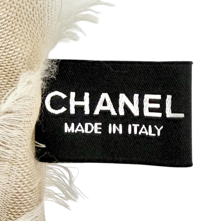 美品△CHANEL シャネル 19P カシミヤ シルク ココマーク ロゴ マトラッセ柄 ミニフリンジ ショール ストール ベージュ系 アイボリー 伊製